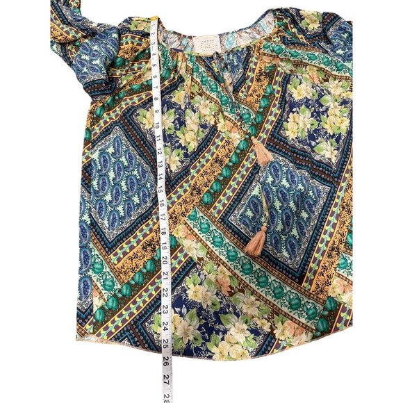 Johnny Was JADE Miza Patchwork Blouse Peasant Boho Top Long Sleeve Tassel Size S - Picture 6 of 8